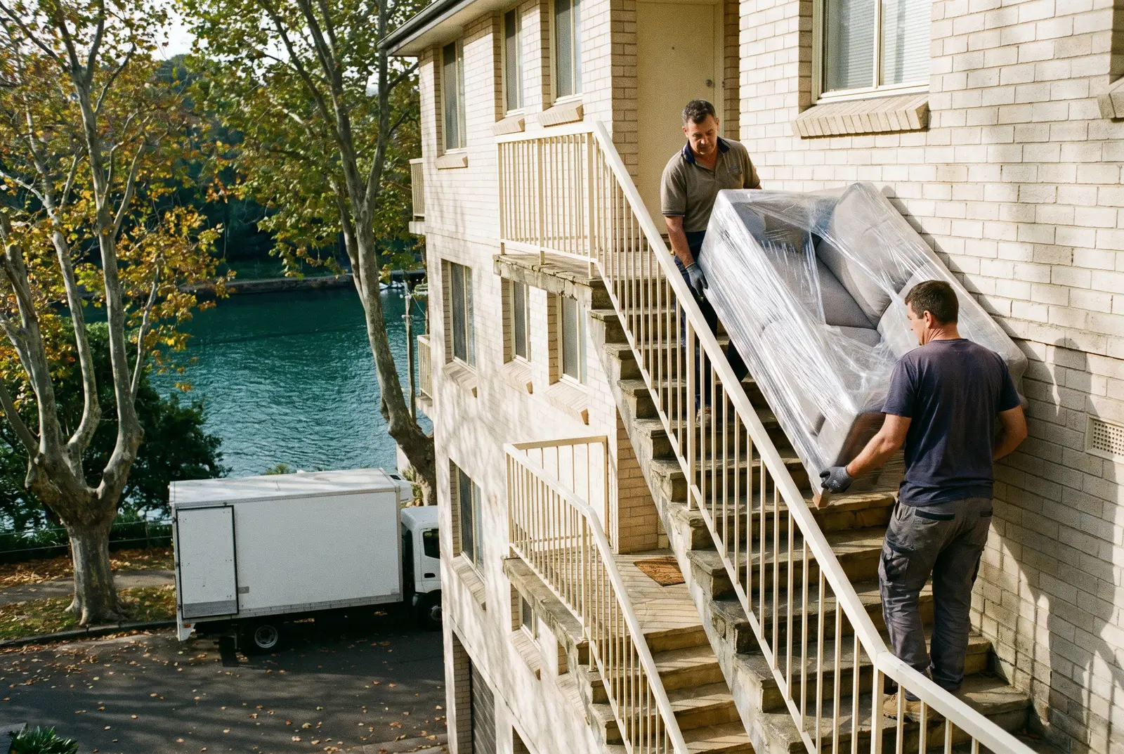 Two movers carrying a plastic-wrapped sofa down the external stairs of a brick walk-up apartment block