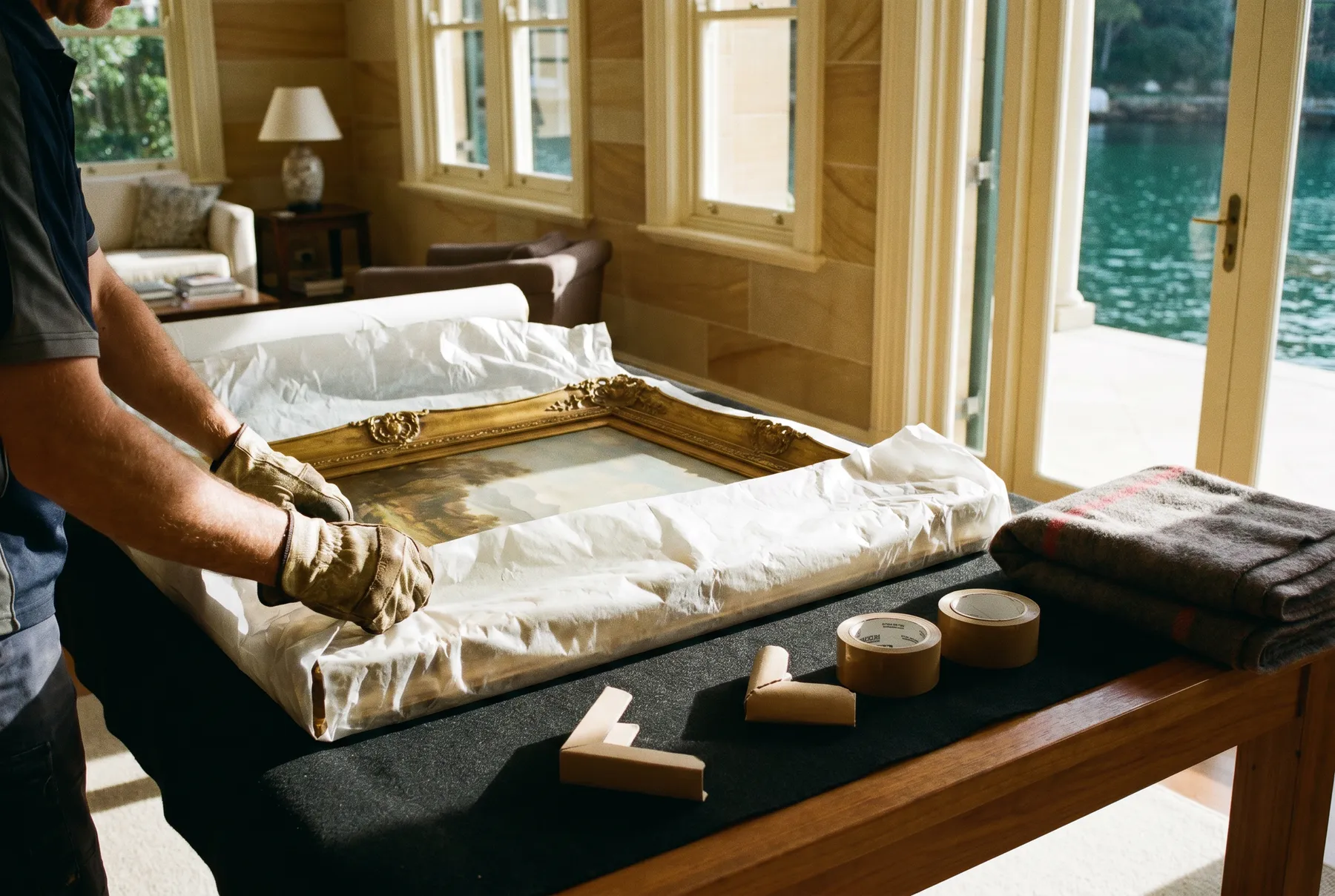 Gloved hands wrapping a gilt-framed painting in glassine on a felt-covered table