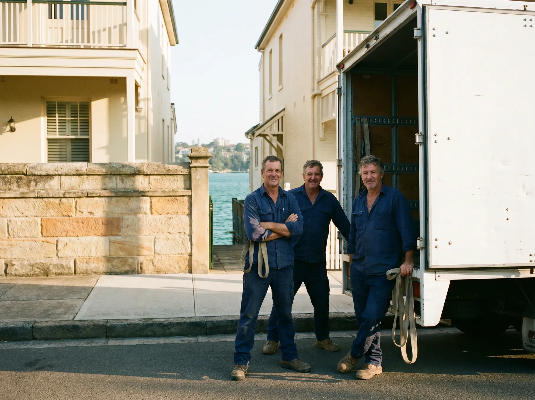 Three removalists standing at the open tailgate of a plain truck on a quiet street, sandstone wall behind