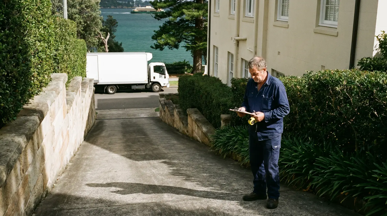 A removalist with a clipboard and tape measure at the top of a steep Vaucluse driveway, truck waiting on the street