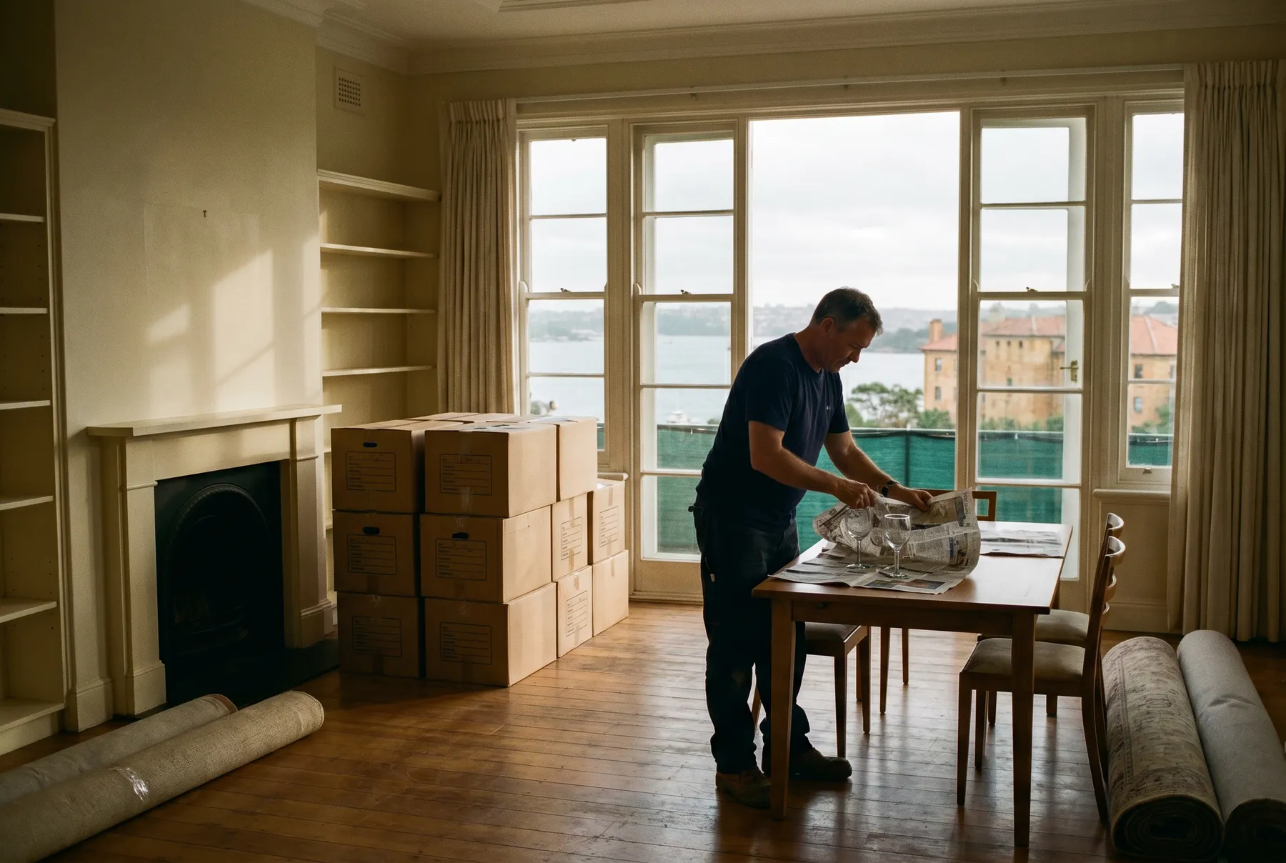 A removalist wrapping glassware at a table among labelled cartons, harbour view through tall windows