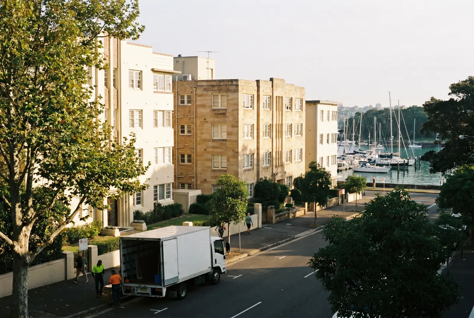 Art deco apartment blocks in Rose Bay with the marina behind