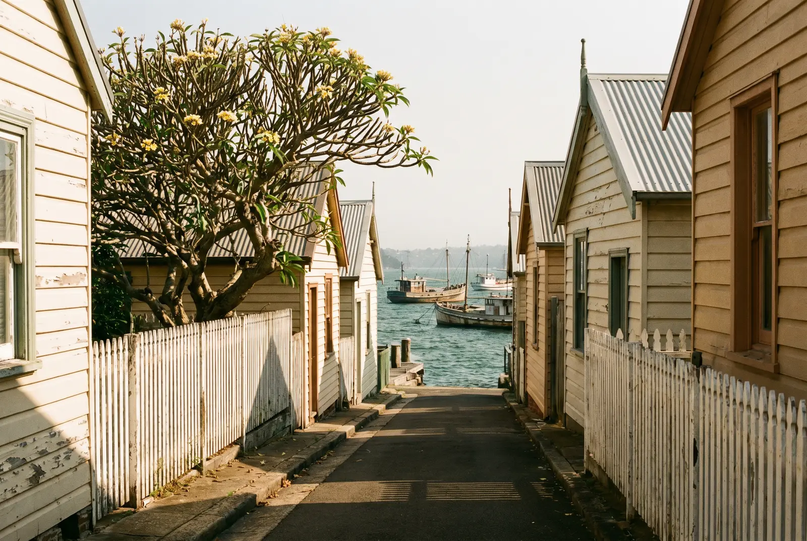 Weatherboard cottages along a narrow Watsons Bay lane with boats on the harbour beyond